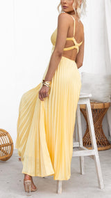 Aby - Abito maxi plissettato giallo con scollatura a V